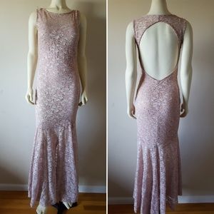 Lace and sequin open back holiday gown